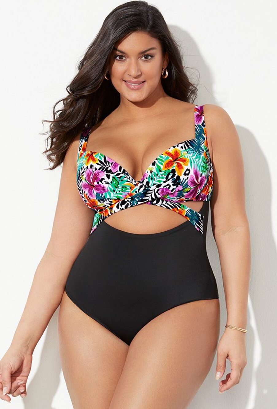 Swimsuits For All Women's Cut Out Underwire One Piece Swimsuit Floral Black 14